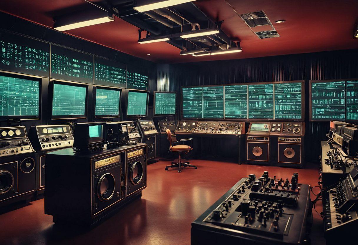 A dynamic split-screen image showing a vintage adult film set on one side, featuring retro cameras and equipment, juxtaposed with a modern-day digital studio filled with VR technology and sleek editing software on the other. Include subtle elements like a film reel fading into binary code to symbolize technological evolution. The color scheme should blend warm tones from the past with cooler, futuristic hues. A glimpse of diverse professionals working collaboratively in both settings will highlight inclusivity and change. super-realistic. vibrant colors.