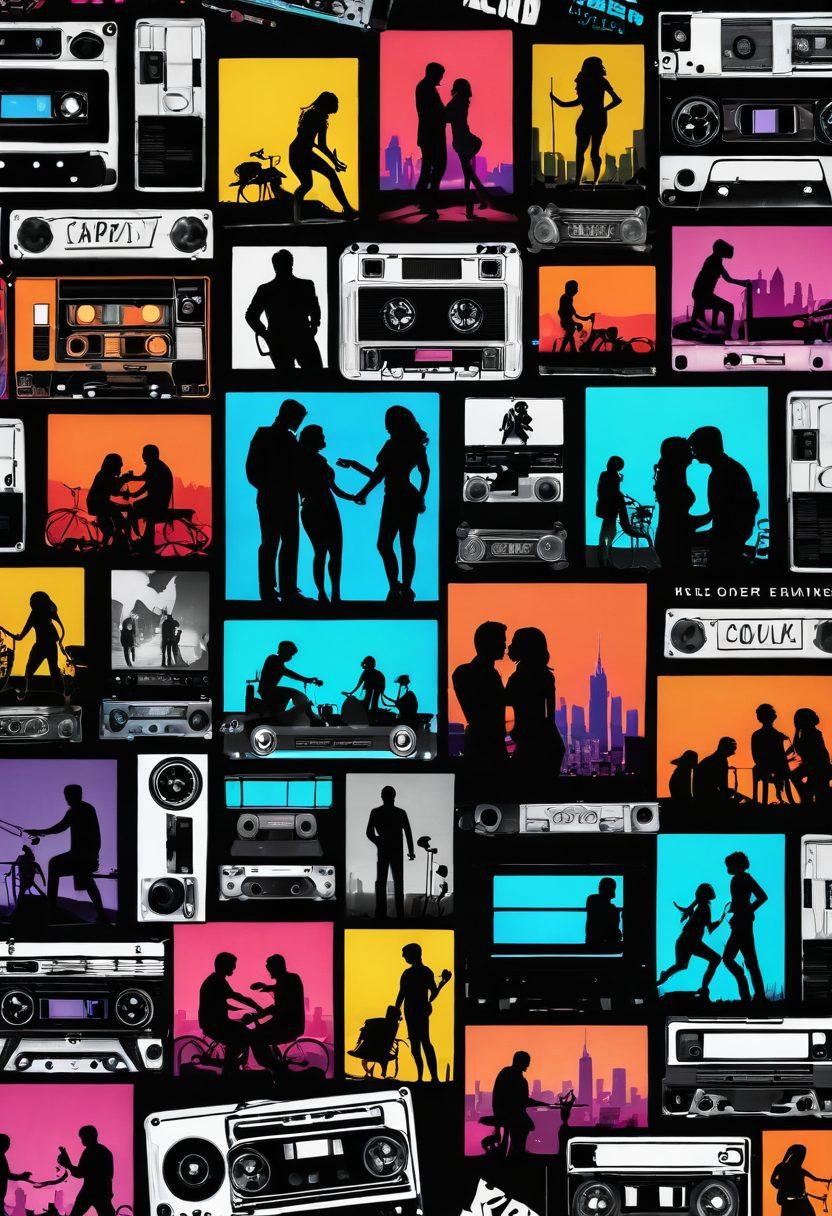 A dynamic collage showcasing the evolution of adult entertainment, featuring vintage X-rated film posters, retro video cassette tapes, and a modern streaming interface on a digital device. The backdrop transitions from grainy black-and-white film scenes to vibrant colors of a contemporary streaming platform. Emphasize the contrast between past and present, with elements like film reels and neon lights. Include silhouettes of diverse couples exploring intimacy against a soft-focus city skyline. super-realistic. vibrant colors. modern design.